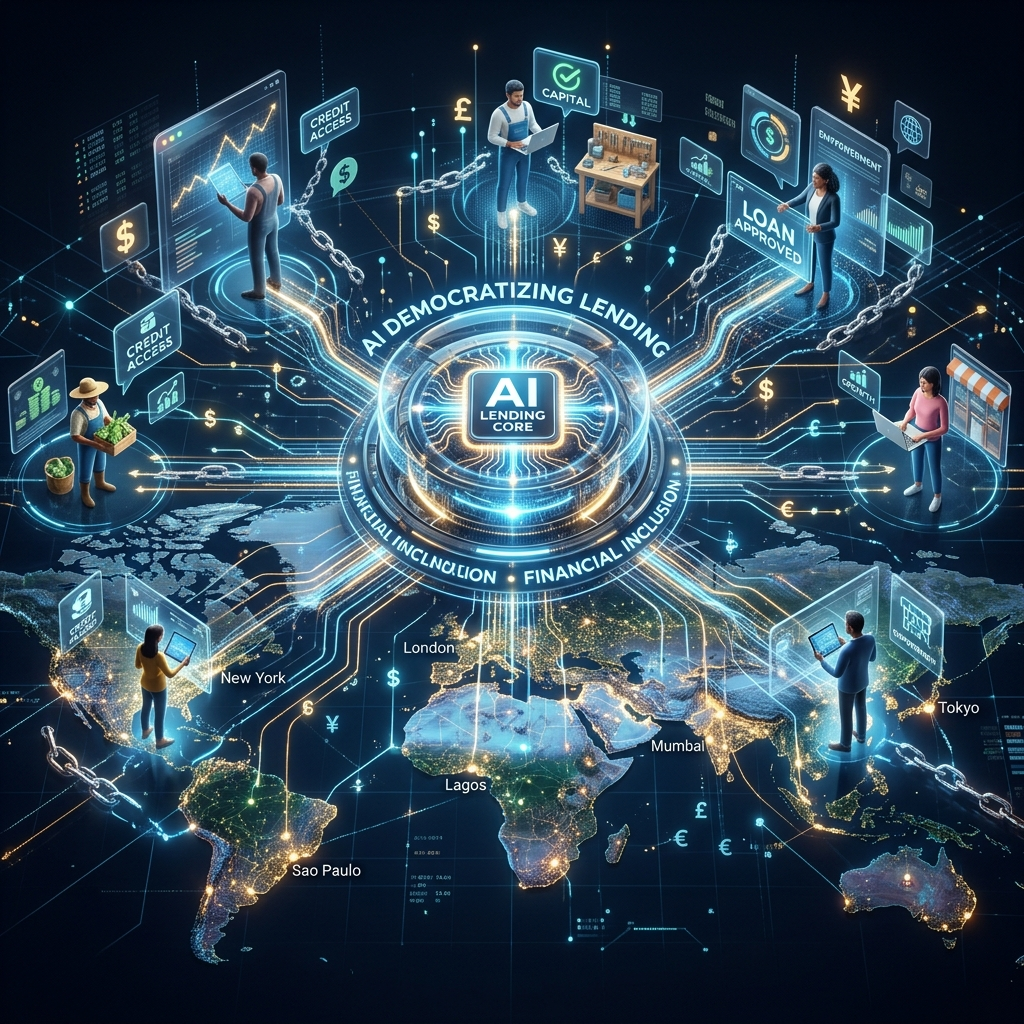 Glowing AI core radiating digital connections across a map to represent democratized lending