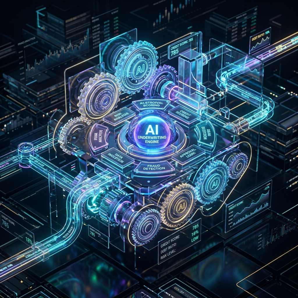 Glowing neon gears and data nodes representing the mechanics of alternative underwriting