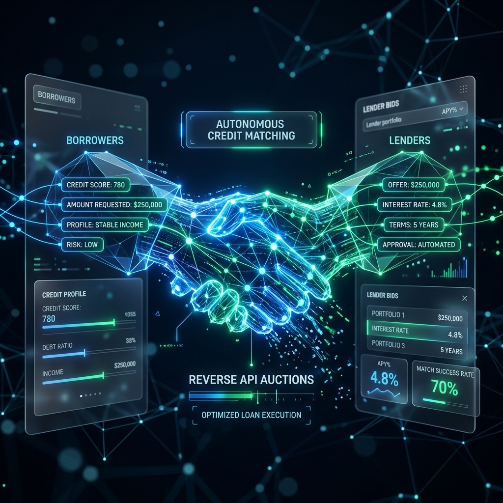 Abstract 3D digital handshake of neon nodes representing autonomous credit matching