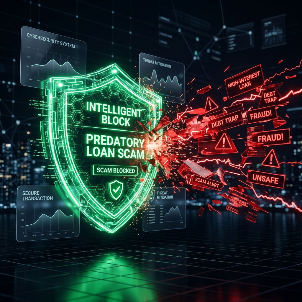 A glowing green digital shield blocking chaotic red signals representing loan scams