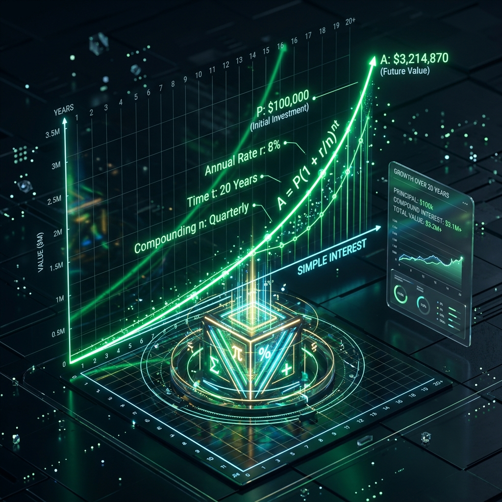 Glowing digital formulas and exponential growth curves representing compound interest