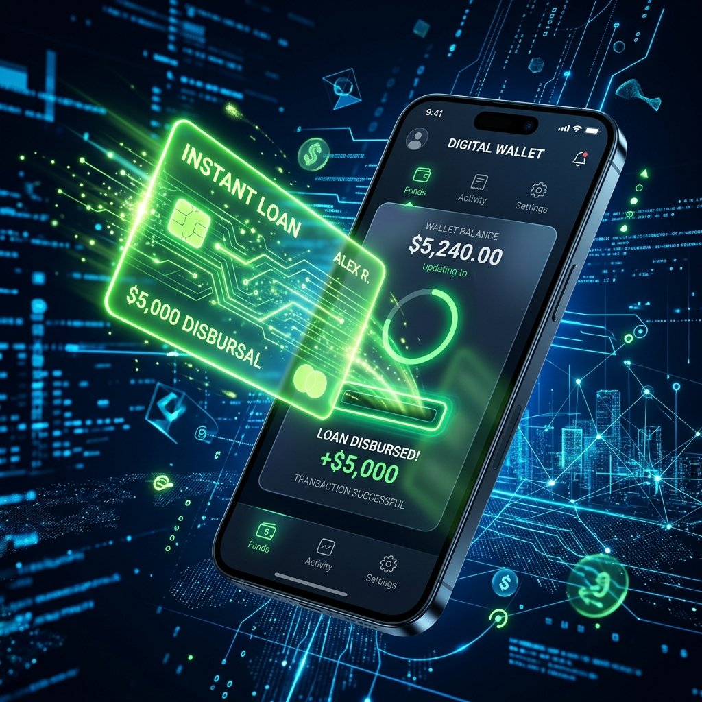 Glowing green digital credit card entering a smartphone wallet representing instant loan disbursal