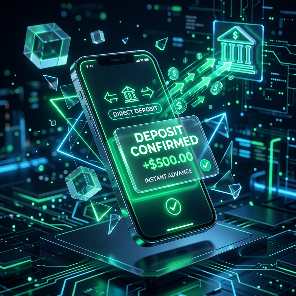 A glowing 3D smartphone receiving an instant direct deposit notification