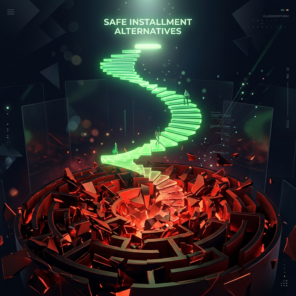 A glowing green staircase rising from a shattered red labyrinth, representing an escape from debt