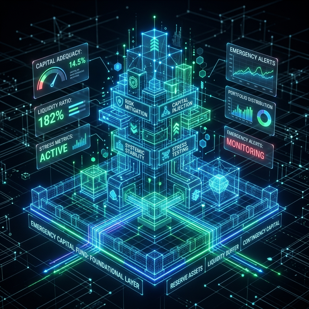 A futuristic glowing blueprint grid representing an emergency capital strategy