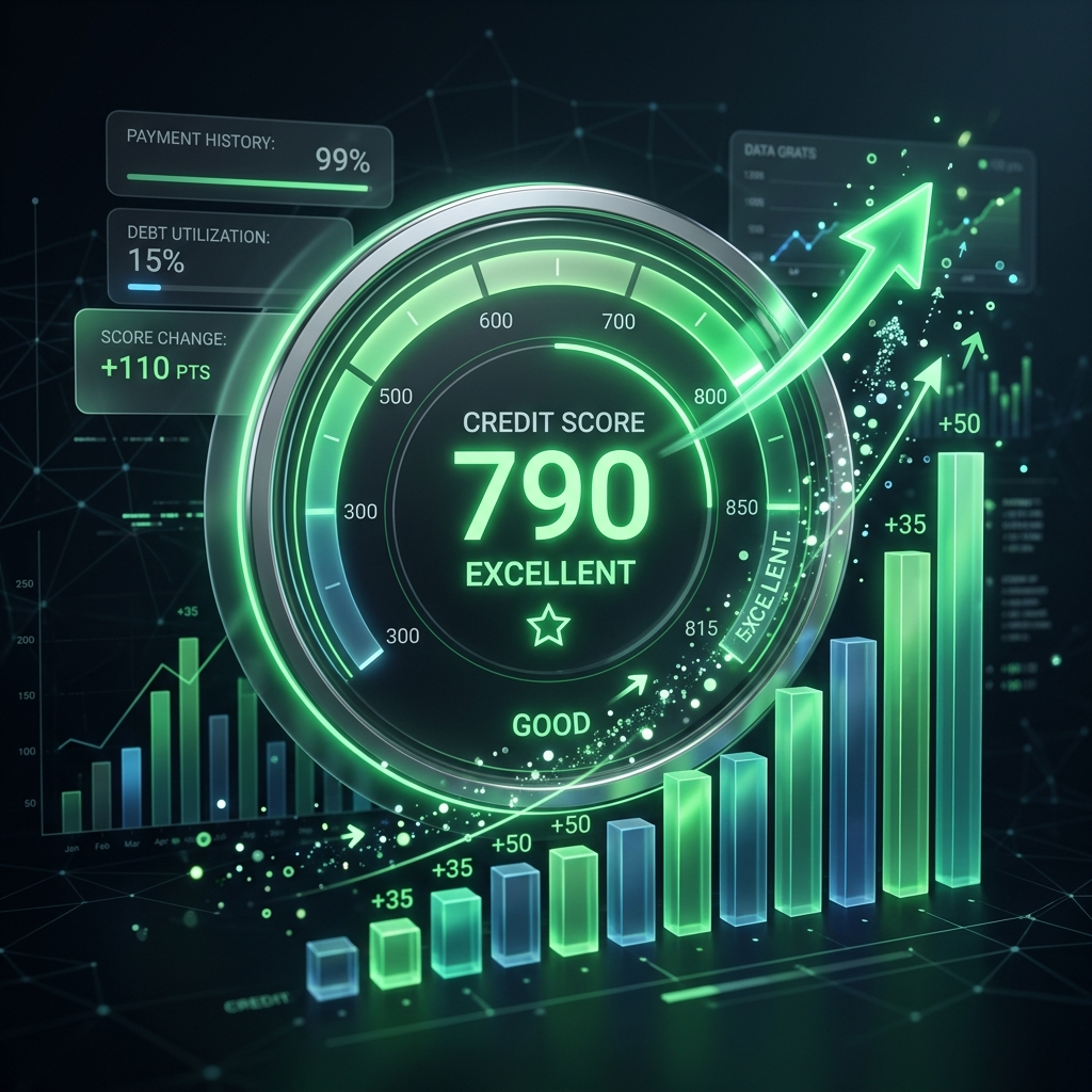A glowing green digital gauge and rising bar charts representing an improving credit score