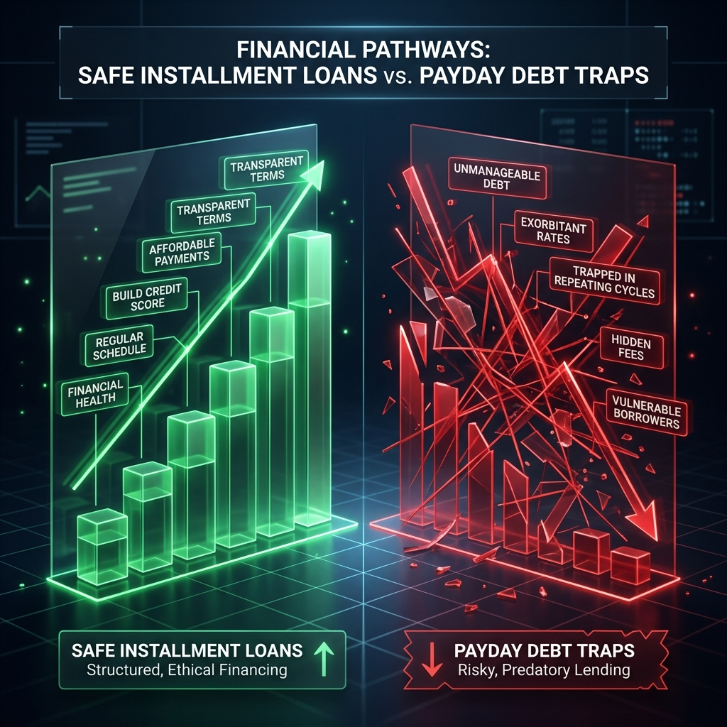 A sleek 3D graphic comparing a structured green installment loan chart against a chaotic red payday loan chart