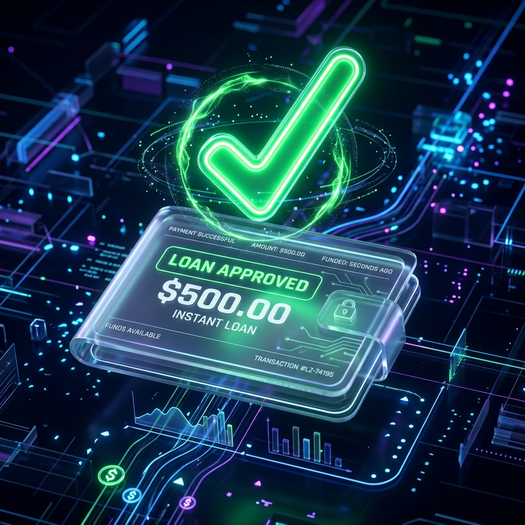 Glowing green digital checkmark representing a 500 dollar instant loan approval