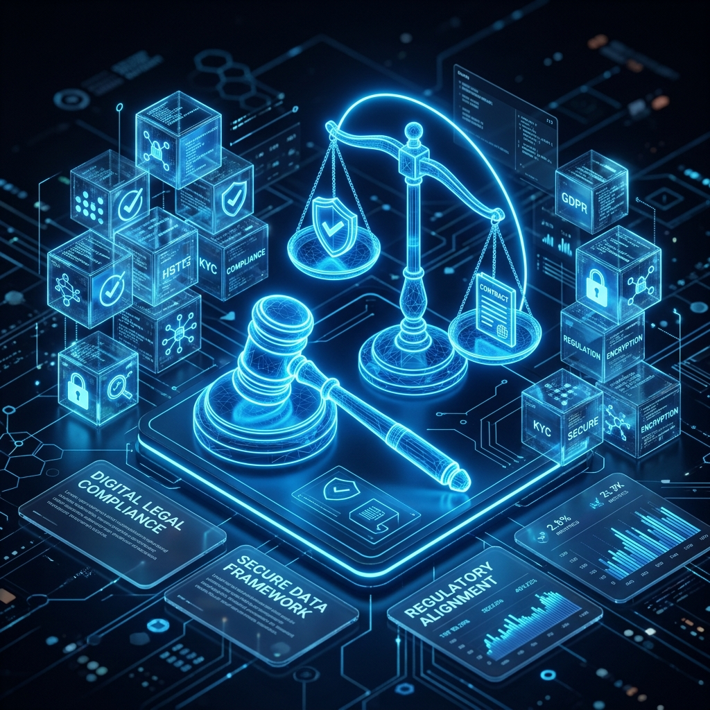 A glowing 3D digital gavel and scales of justice representing online lending regulations