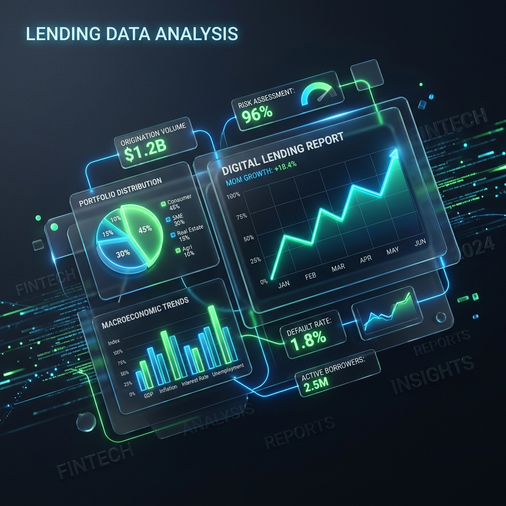 Abstract 3D neon data charts representing macroeconomic trends in digital lending