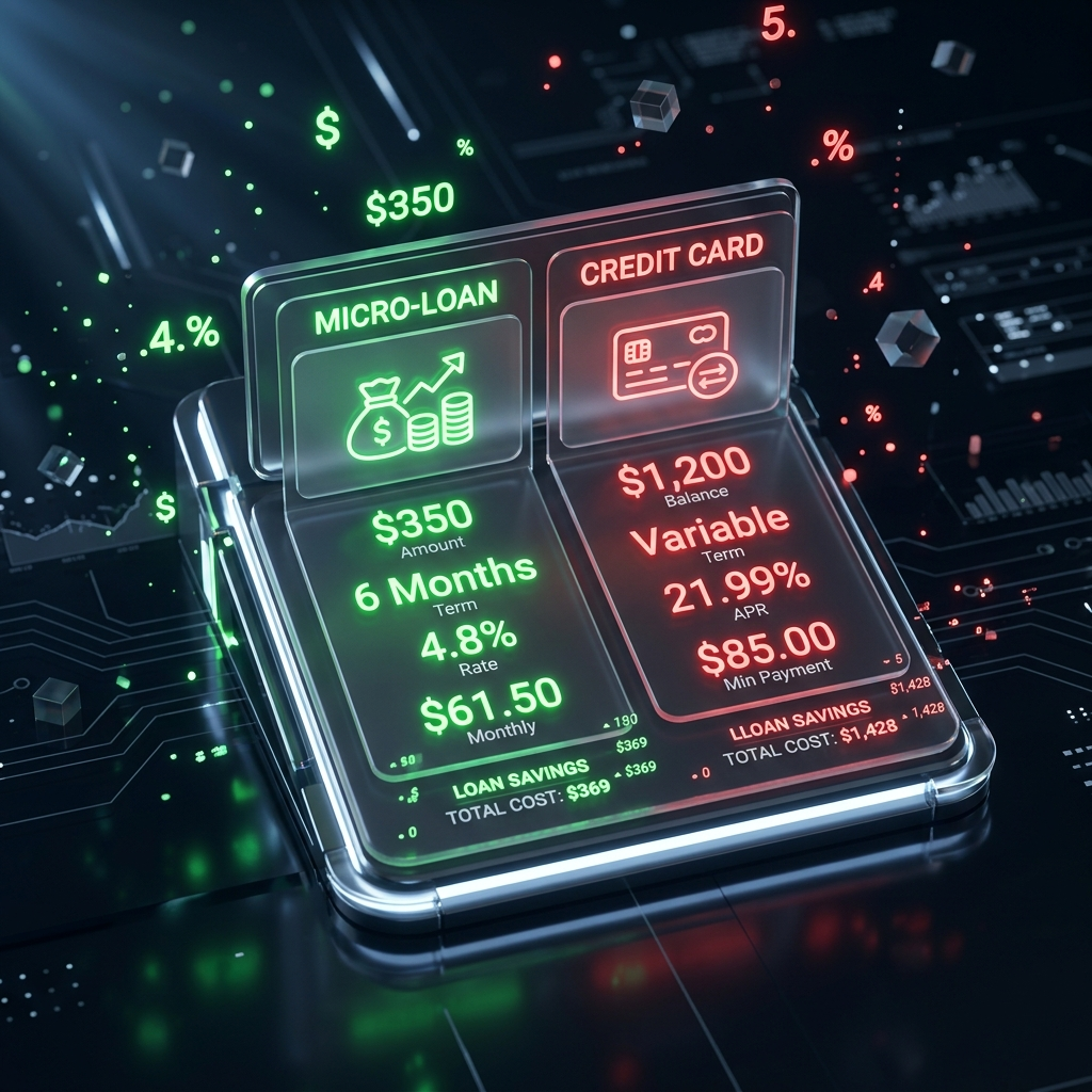 A glowing 3D digital calculator comparing micro-loan and credit card costs