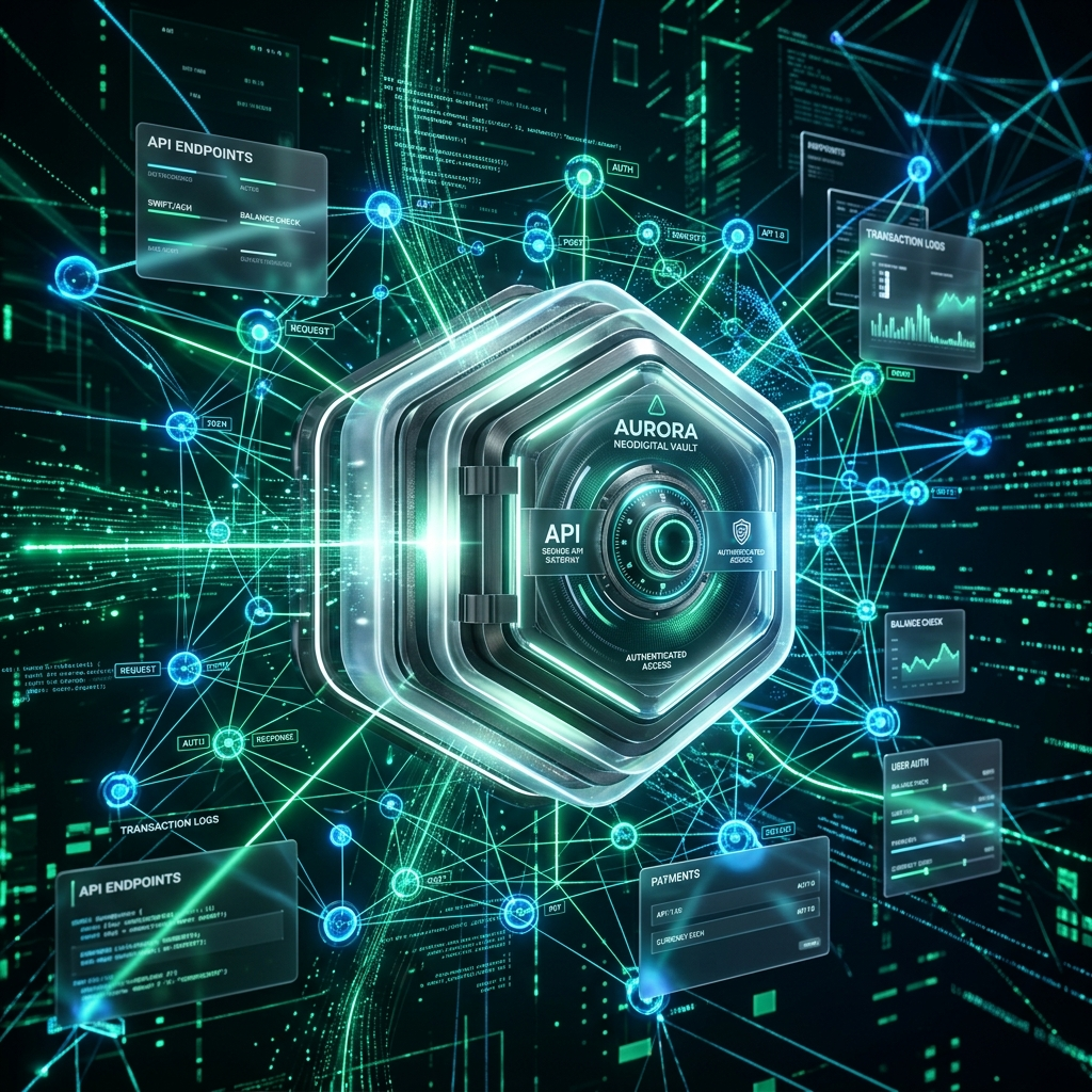 Glowing neon nodes and data streams representing neobank API architecture