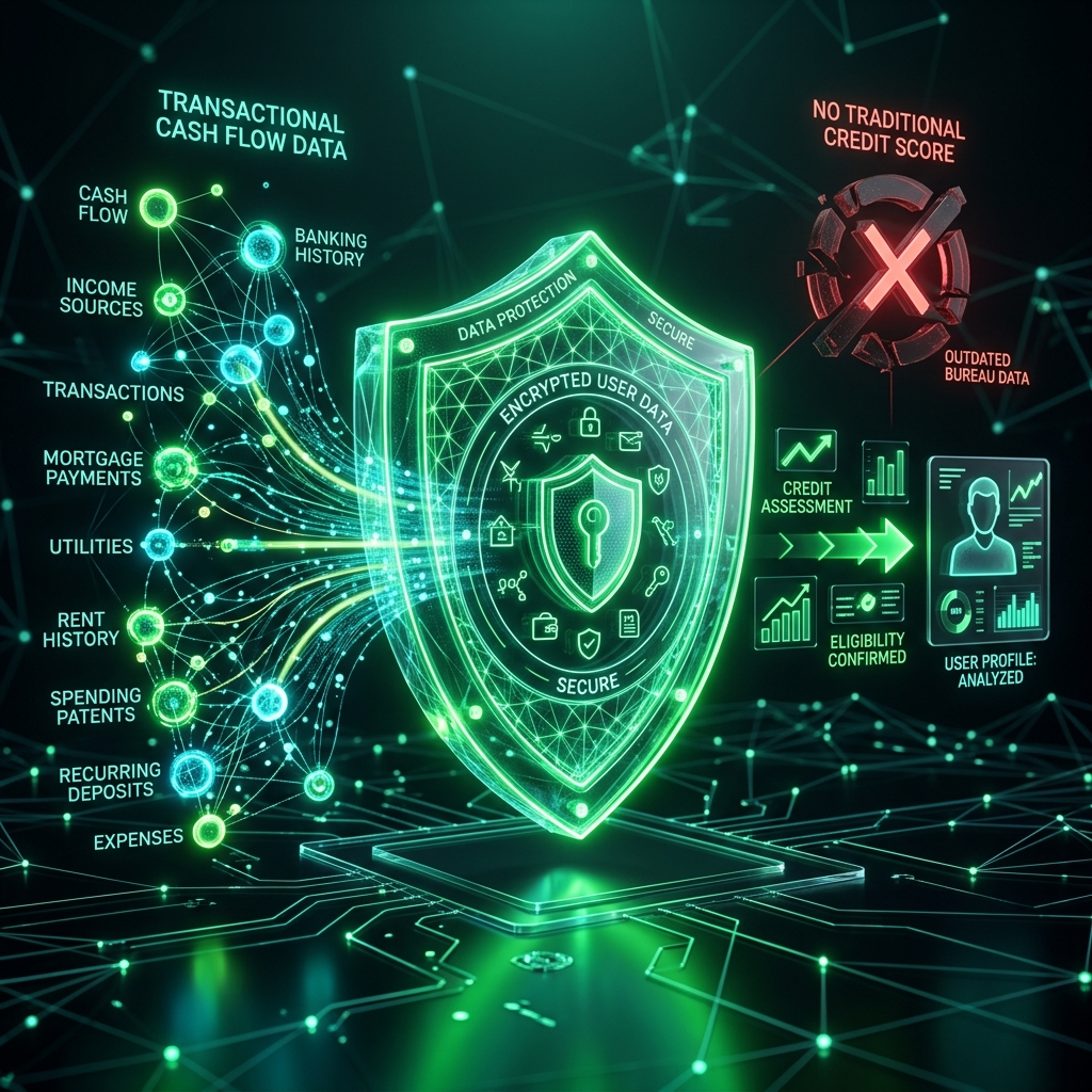 Abstract 3D visualization of a digital shield and cash flow data representing alternative credit underwriting