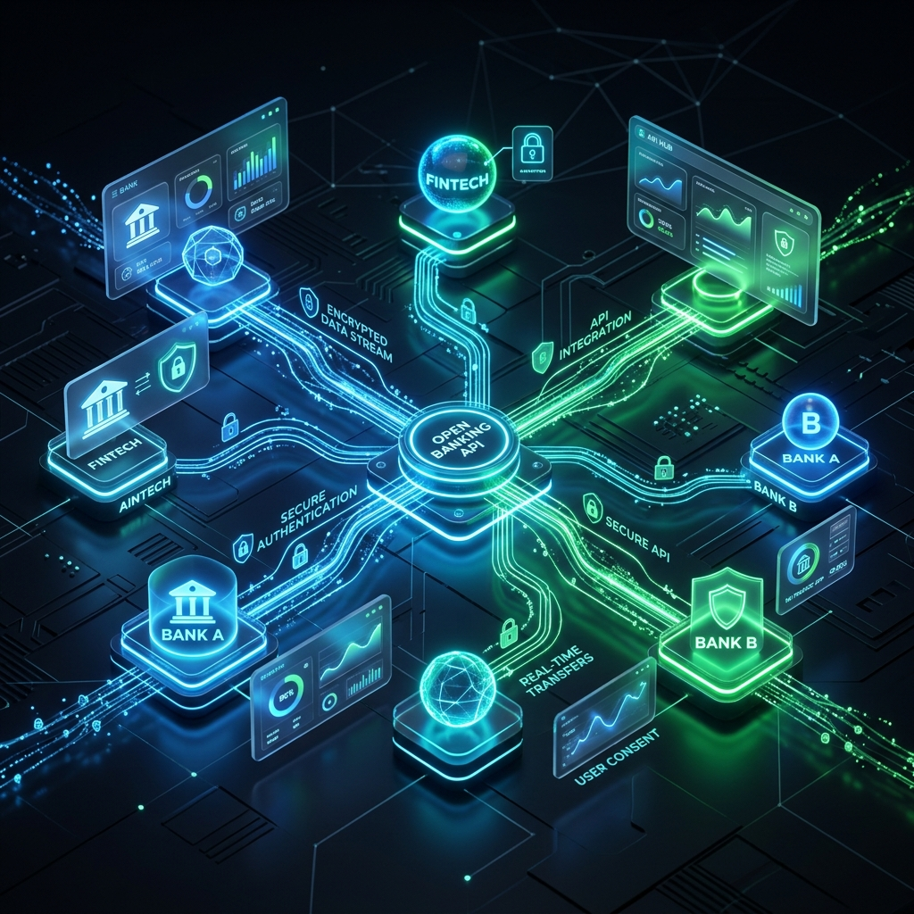 Abstract 3D visualization of glowing nodes and encrypted data streams representing open banking