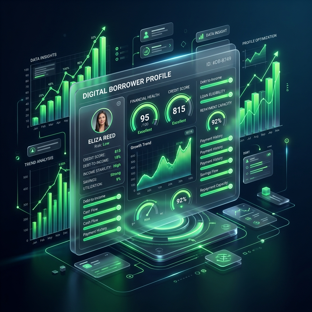 Glowing green digital sliders and dials optimizing a borrower's financial profile