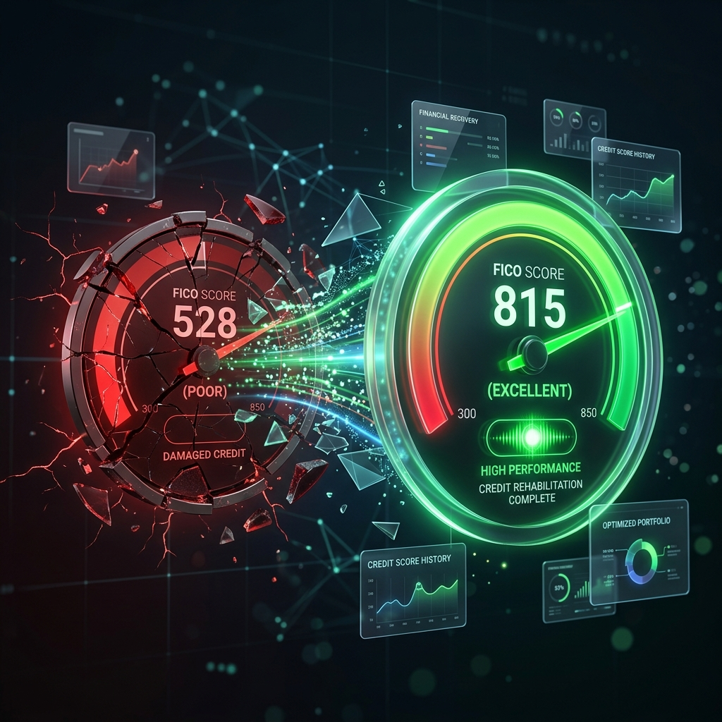 A 3D visualization of a broken red credit dial transforming into a glowing green FICO gauge