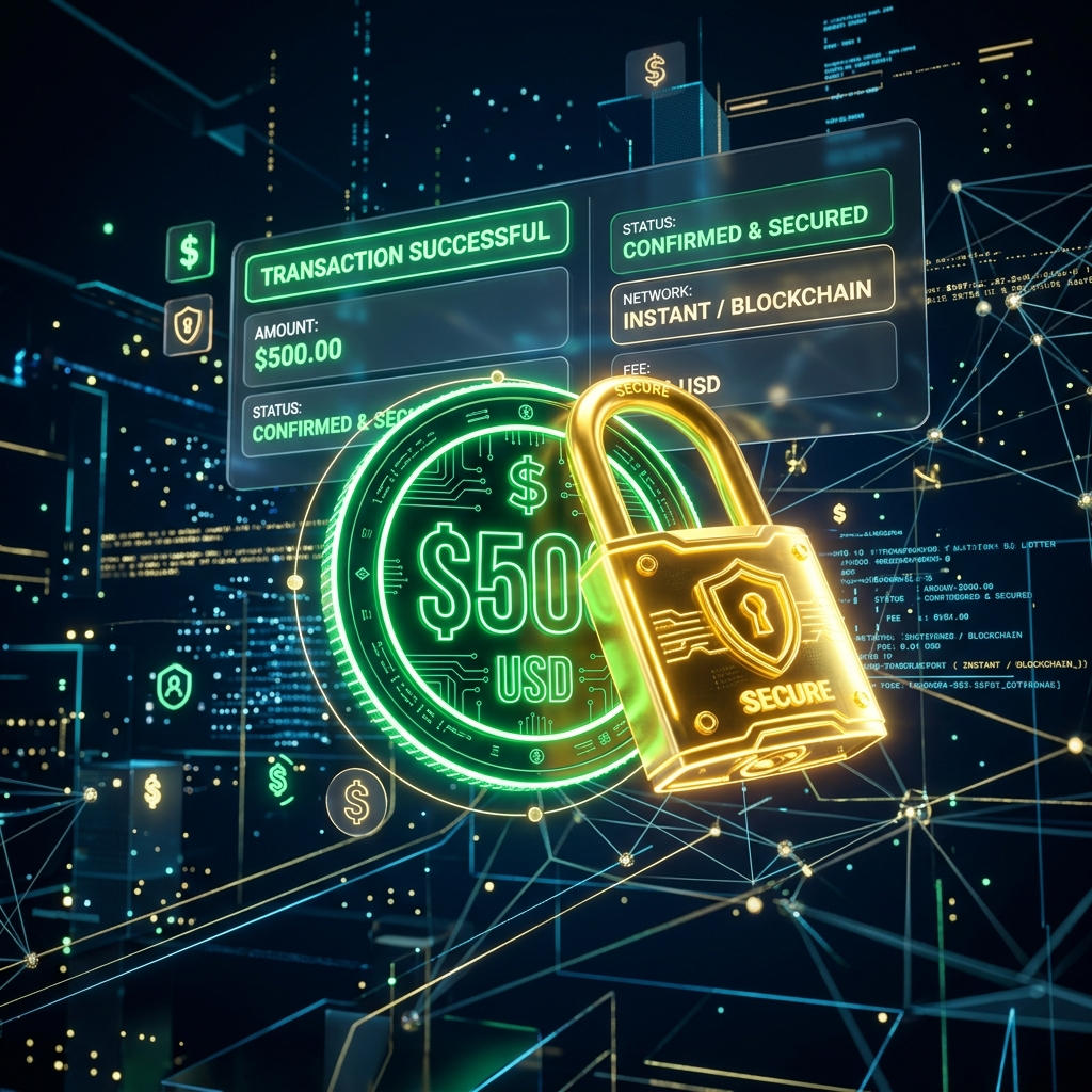 A glowing 3D digital padlock securing a 500 dollar digital coin