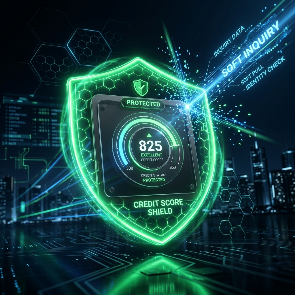 A glowing digital shield protecting a credit score dial from a harmless soft inquiry scan