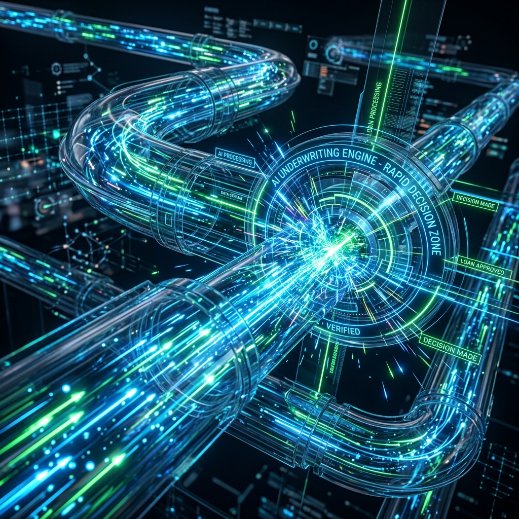 High-speed glowing data packets traveling through a fiber-optic pipeline representing AI underwriting