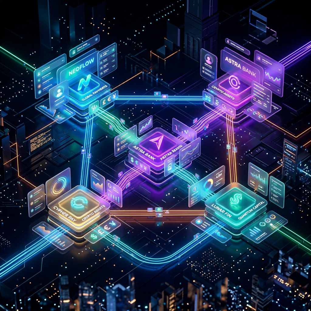 Abstract 3D illustration of interconnected digital neobank ecosystems