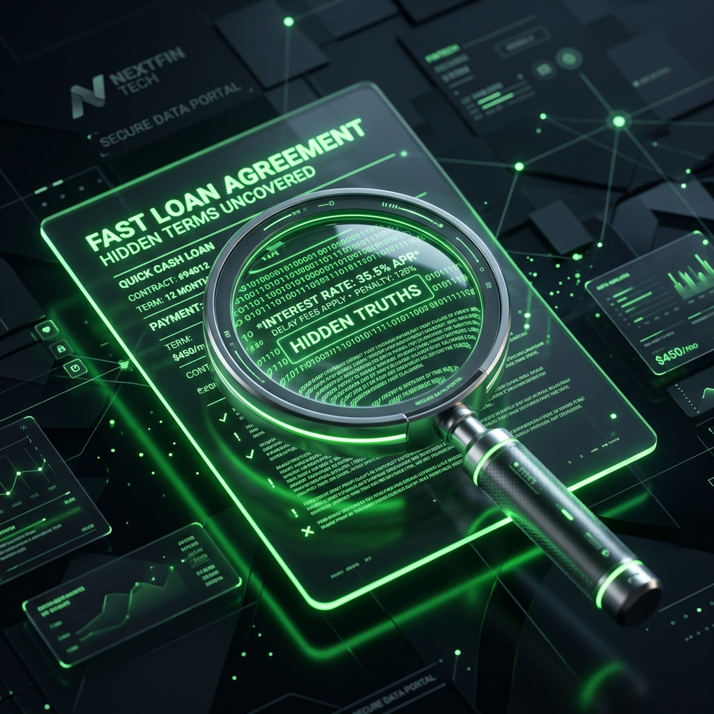 Abstract 3D magnifying glass inspecting glowing digital loan contract terms