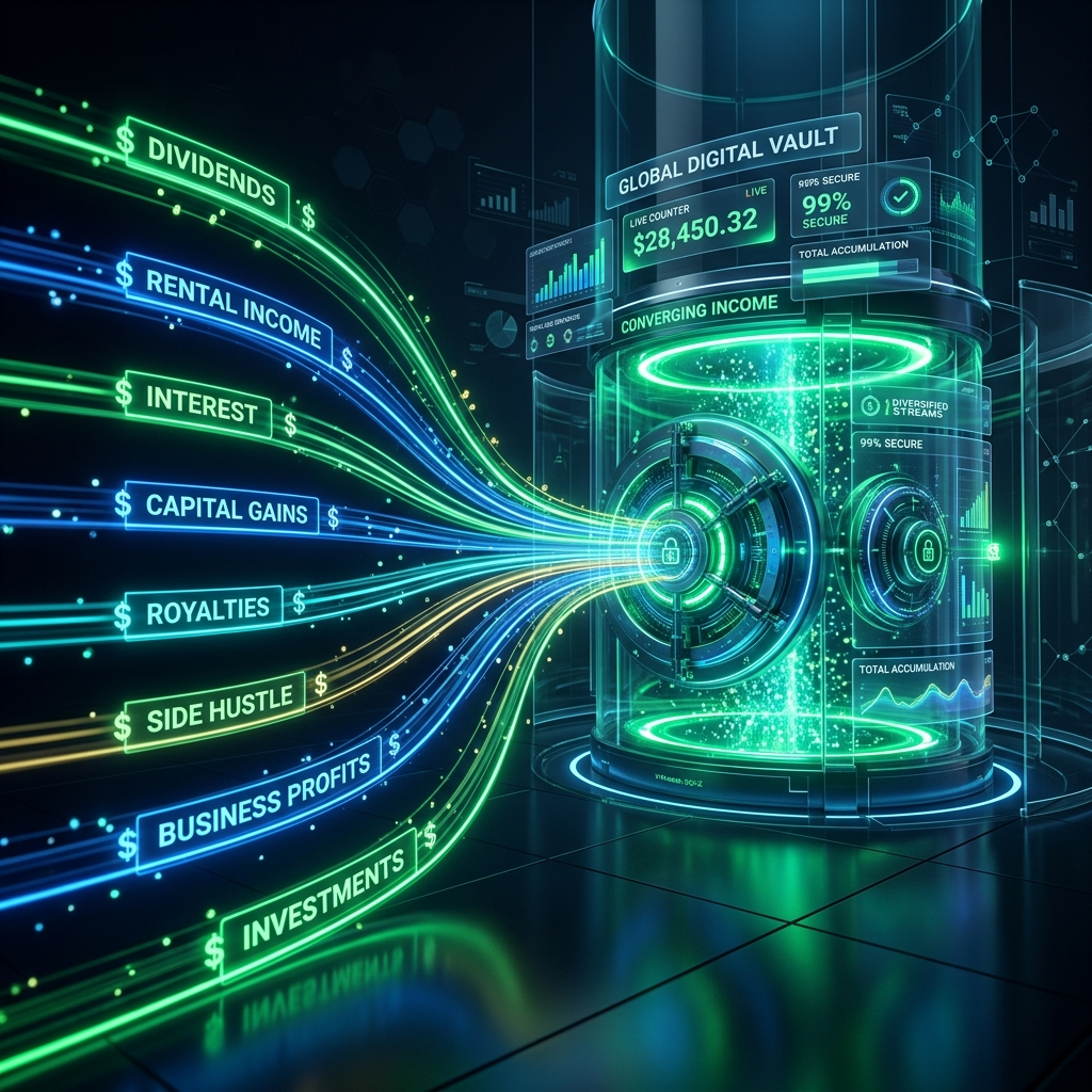 Multiple glowing data paths converging into a digital vault representing diverse income streams