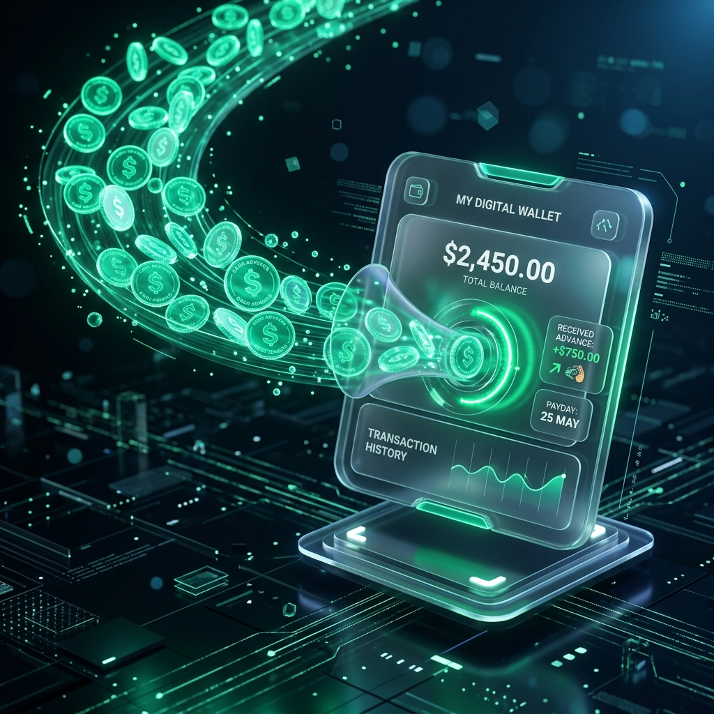 Glowing digital coins flowing into a mobile wallet, representing Earned Wage Access